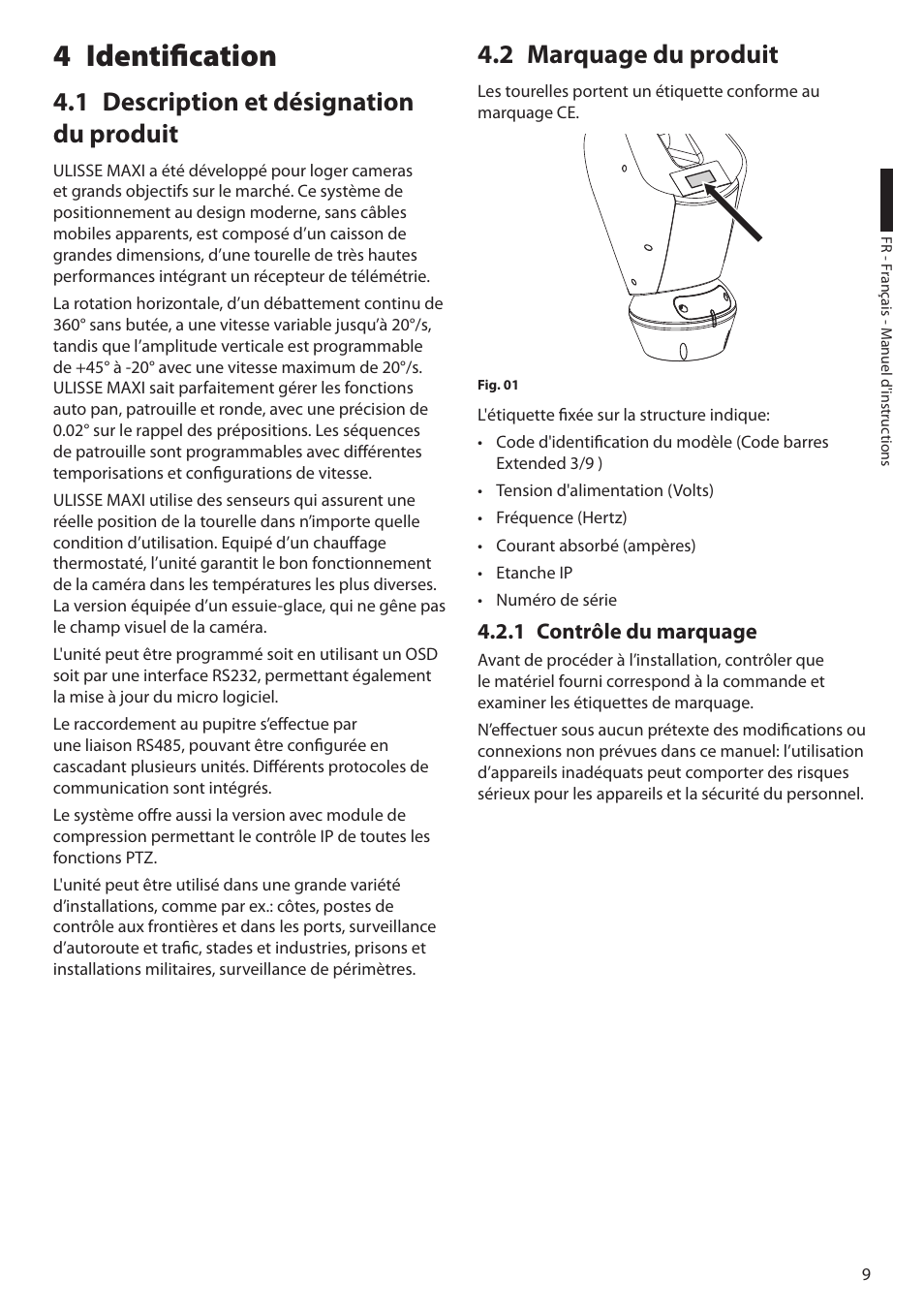 4 identification, 1 description et désignation du produit, 2 marquage du produit | 1 contrôle du marquage | Videotec ULISSE MAXI User Manual | Page 131 / 244