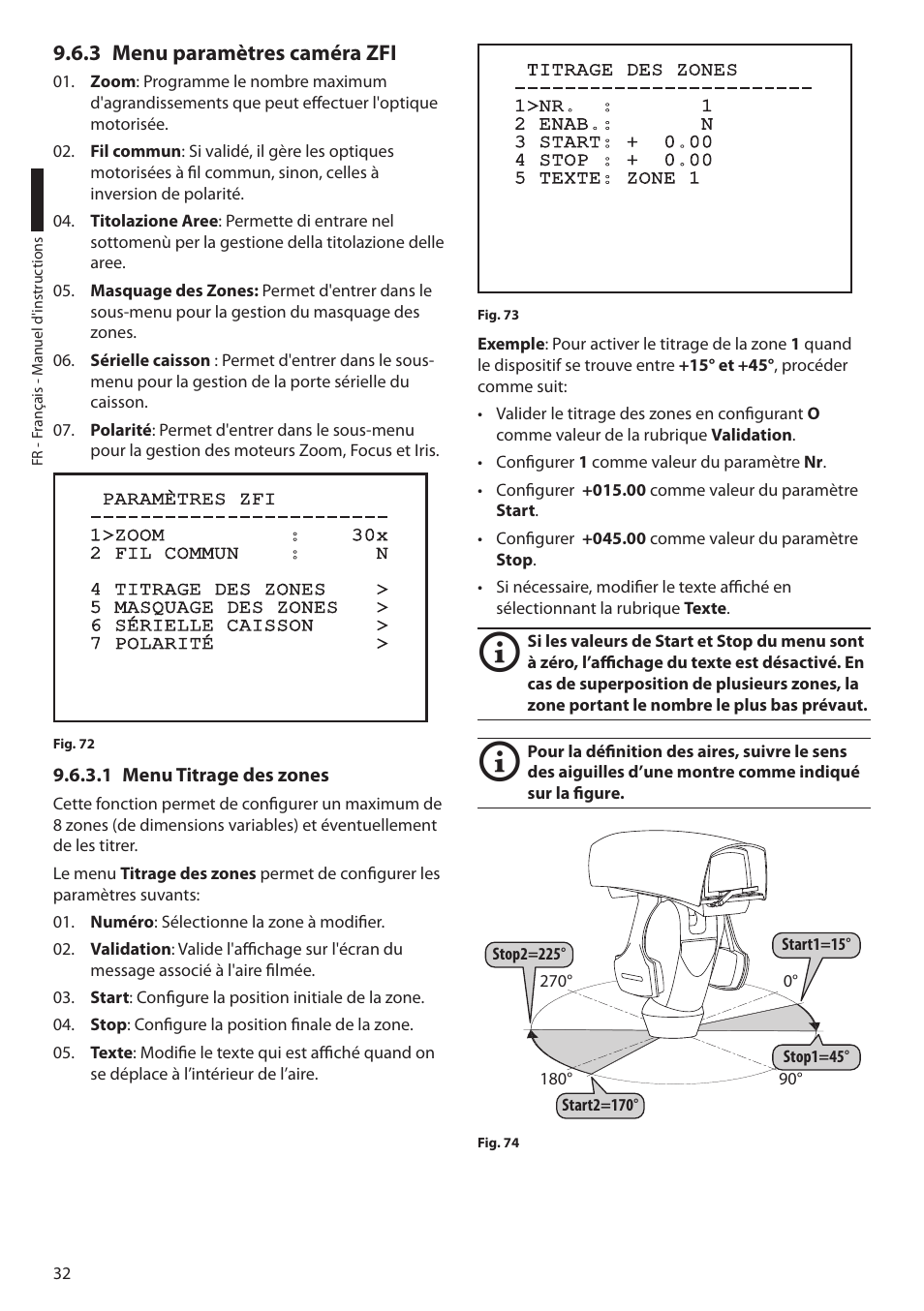 3 menu paramètres caméra zfi, 1 menu titrage des zones | Videotec ULISSE MAXI User Manual | Page 154 / 244