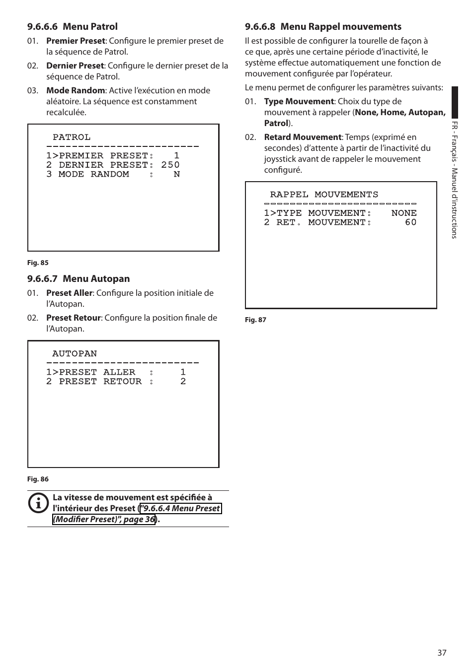 6 menu patrol, 7 menu autopan, 8 menu rappel mouvements | Videotec ULISSE MAXI User Manual | Page 159 / 244