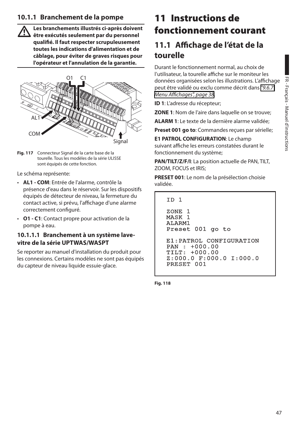 1 branchement de la pompe, 11 instructions de fonctionnement courant, 1 affichage de l’état de la tourelle | Videotec ULISSE MAXI User Manual | Page 169 / 244