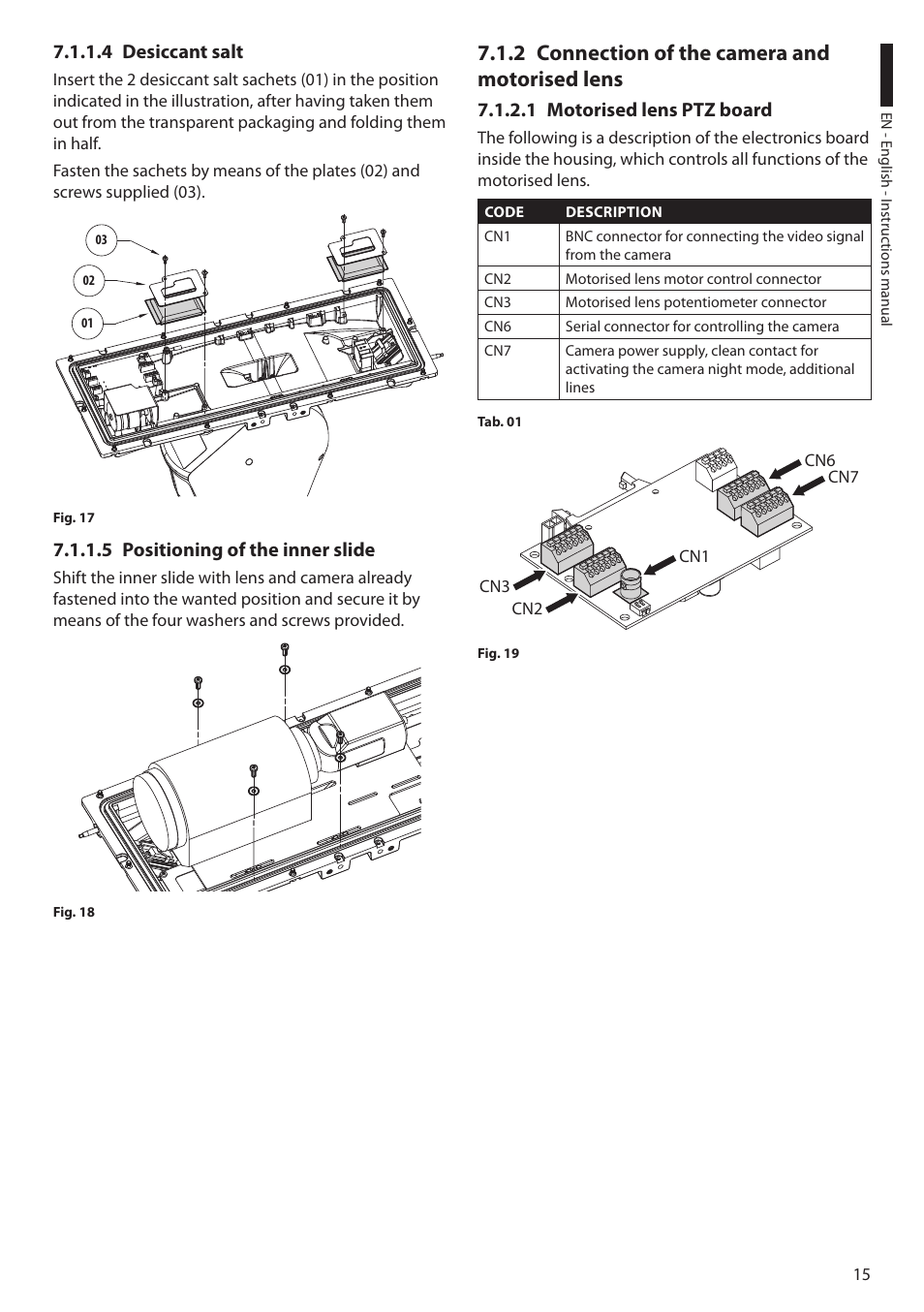 4 desiccant salt, 5 positioning of the inner slide, 2 connection of the camera and motorised lens | 1 motorised lens ptz board | Videotec ULISSE MAXI User Manual | Page 17 / 244