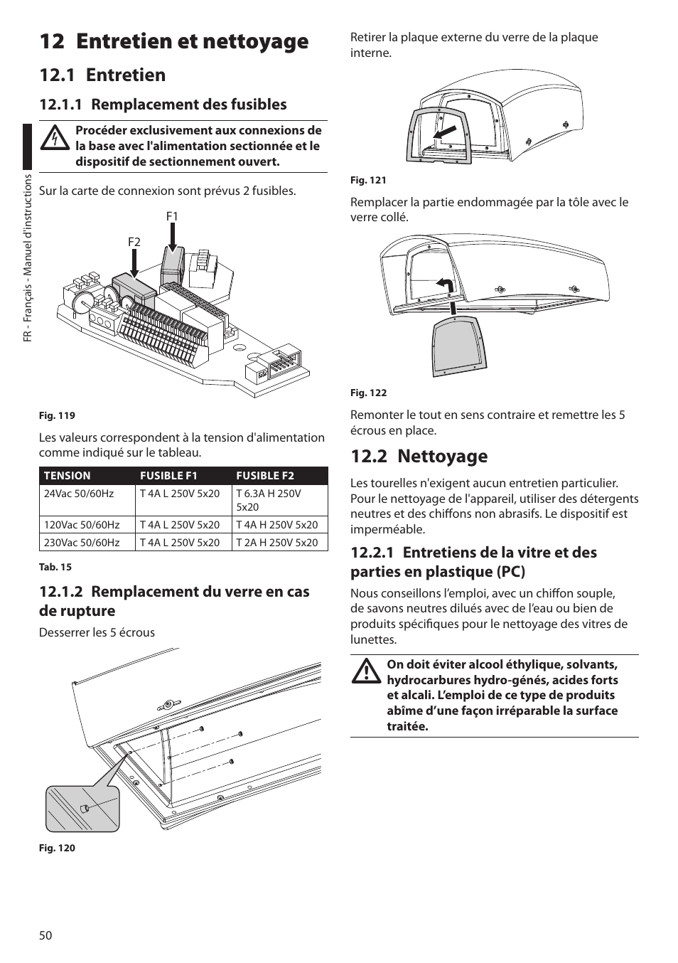 12 entretien et nettoyage, 1 entretien, 1 remplacement des fusibles | 2 remplacement du verre en cas de rupture, 2 nettoyage | Videotec ULISSE MAXI User Manual | Page 172 / 244