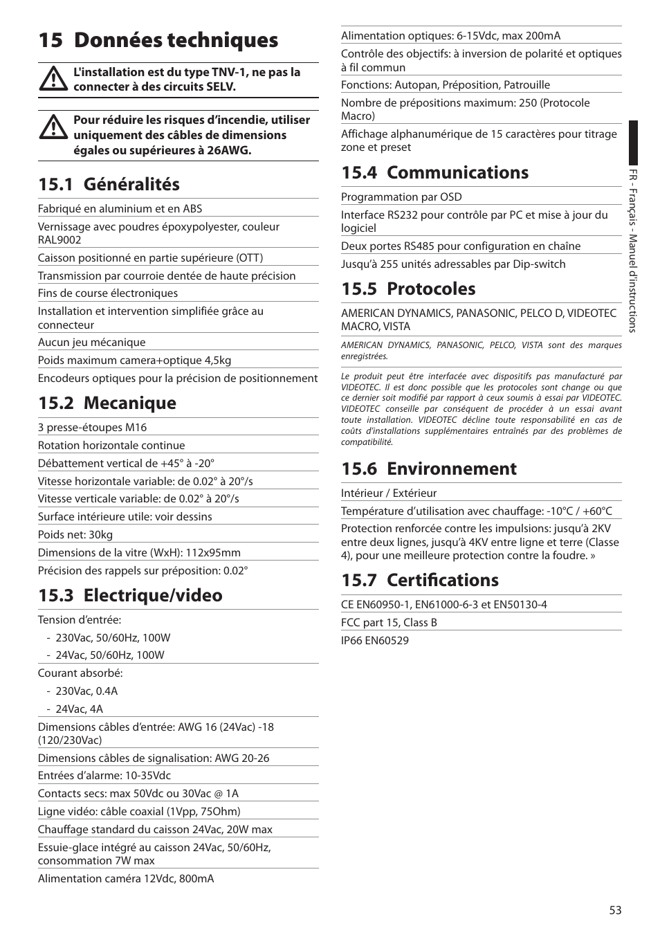 15 données techniques, 1 généralités, 2 mecanique | 3 electrique/video, 4 communications, 5 protocoles, 6 environnement, 7 certifications | Videotec ULISSE MAXI User Manual | Page 175 / 244