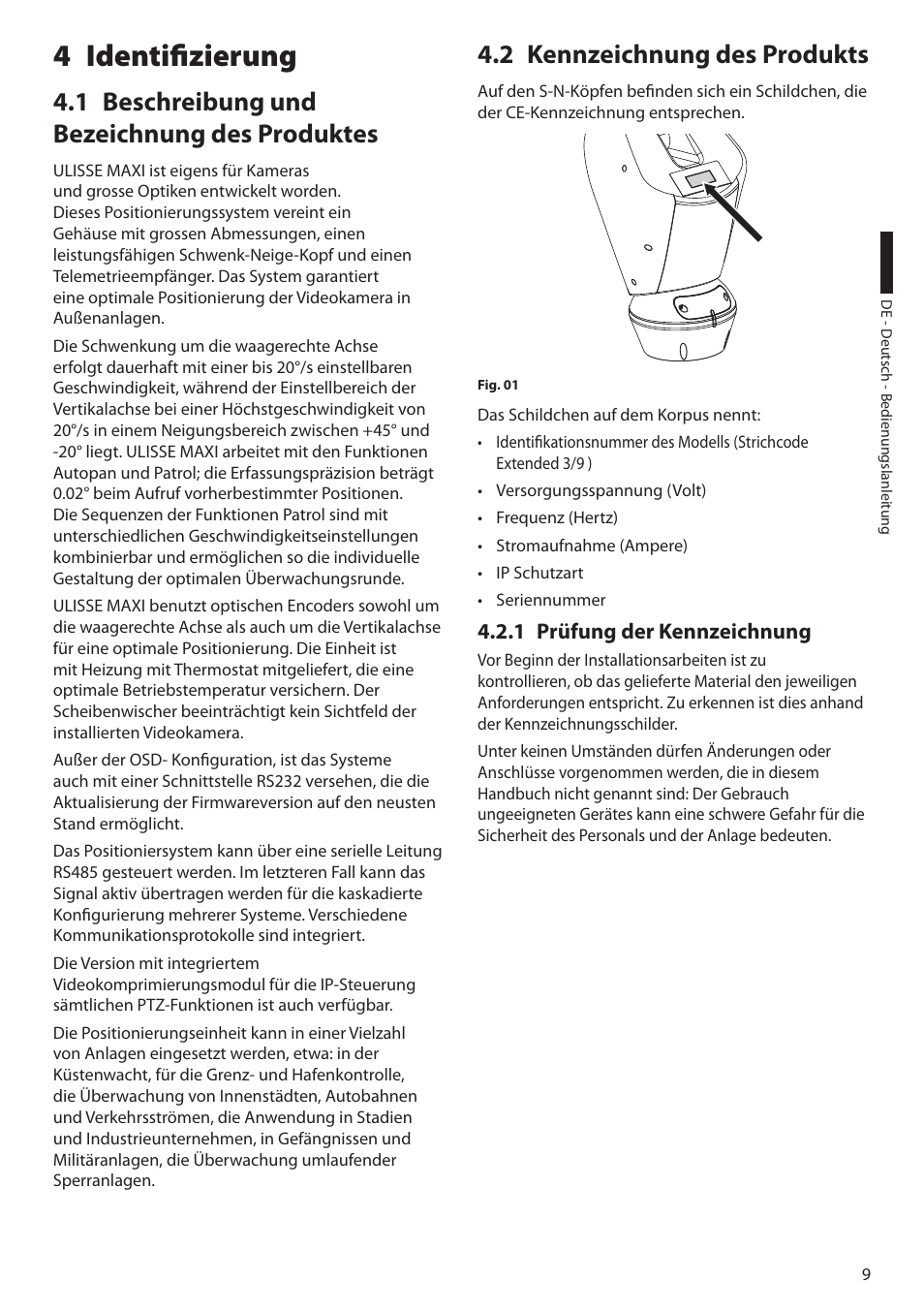 4 identifizierung, 1 beschreibung und bezeichnung des produktes, 2 kennzeichnung des produkts | 1 prüfung der kennzeichnung | Videotec ULISSE MAXI User Manual | Page 191 / 244