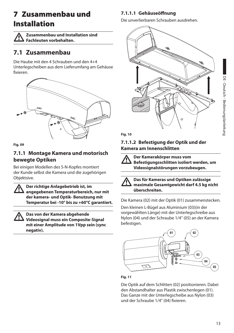 7 zusammenbau und installation, 1 zusammenbau, 1 montage kamera und motorisch bewegte optiken | 1 gehäuseöffnung | Videotec ULISSE MAXI User Manual | Page 195 / 244