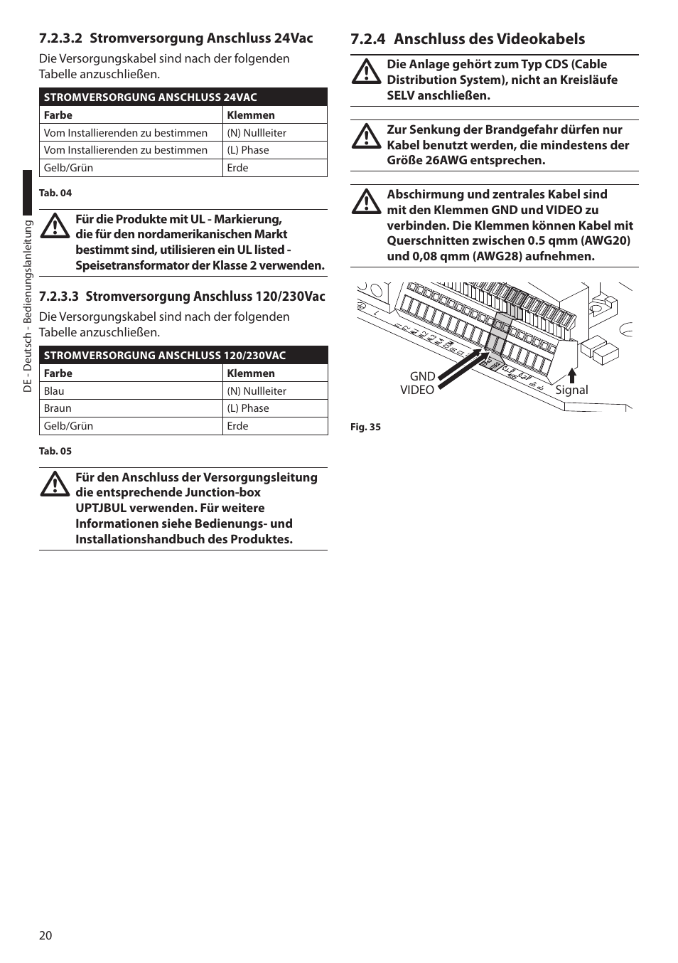 2 stromversorgung anschluss 24vac, 3 stromversorgung anschluss 120/230vac, 4 anschluss des videokabels | Videotec ULISSE MAXI User Manual | Page 202 / 244