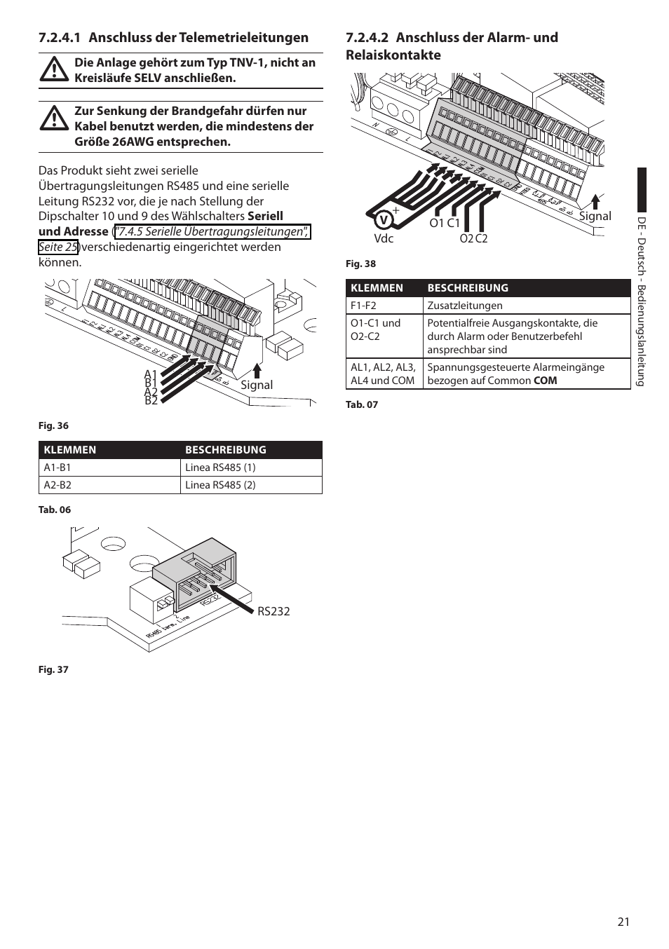 1 anschluss der telemetrieleitungen, 2 anschluss der alarm- und relaiskontakte | Videotec ULISSE MAXI User Manual | Page 203 / 244