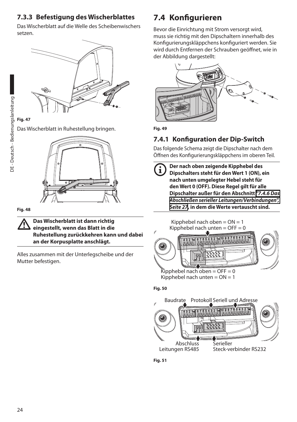 3 befestigung des wischerblattes, 4 konfigurieren, 1 konfiguration der dip-switch | Videotec ULISSE MAXI User Manual | Page 206 / 244