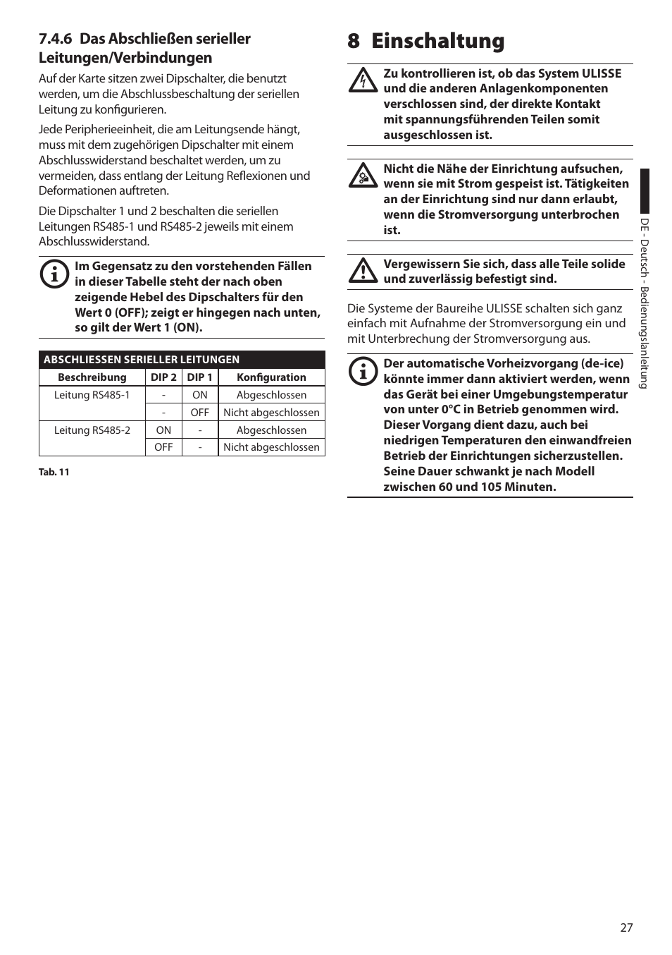6 das abschließen serieller leitungen/verbindungen, 8 einschaltung | Videotec ULISSE MAXI User Manual | Page 209 / 244
