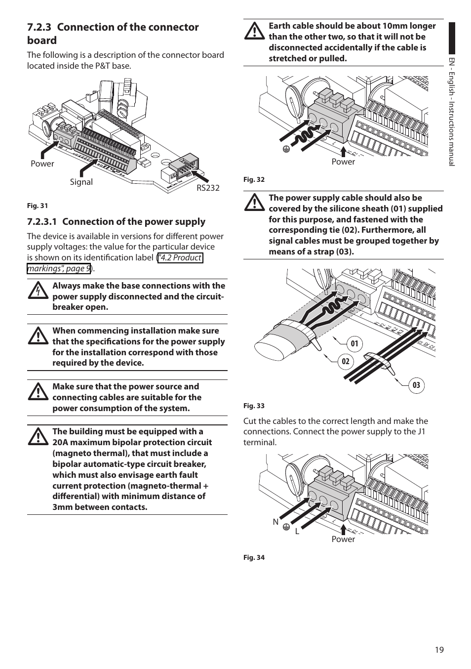 3 connection of the connector board, 1 connection of the power supply | Videotec ULISSE MAXI User Manual | Page 21 / 244