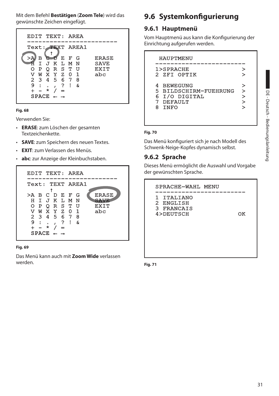 6 systemkonfigurierung, 1 hauptmenü, 2 sprache | 1 hauptmenü 9.6.2 sprache | Videotec ULISSE MAXI User Manual | Page 213 / 244