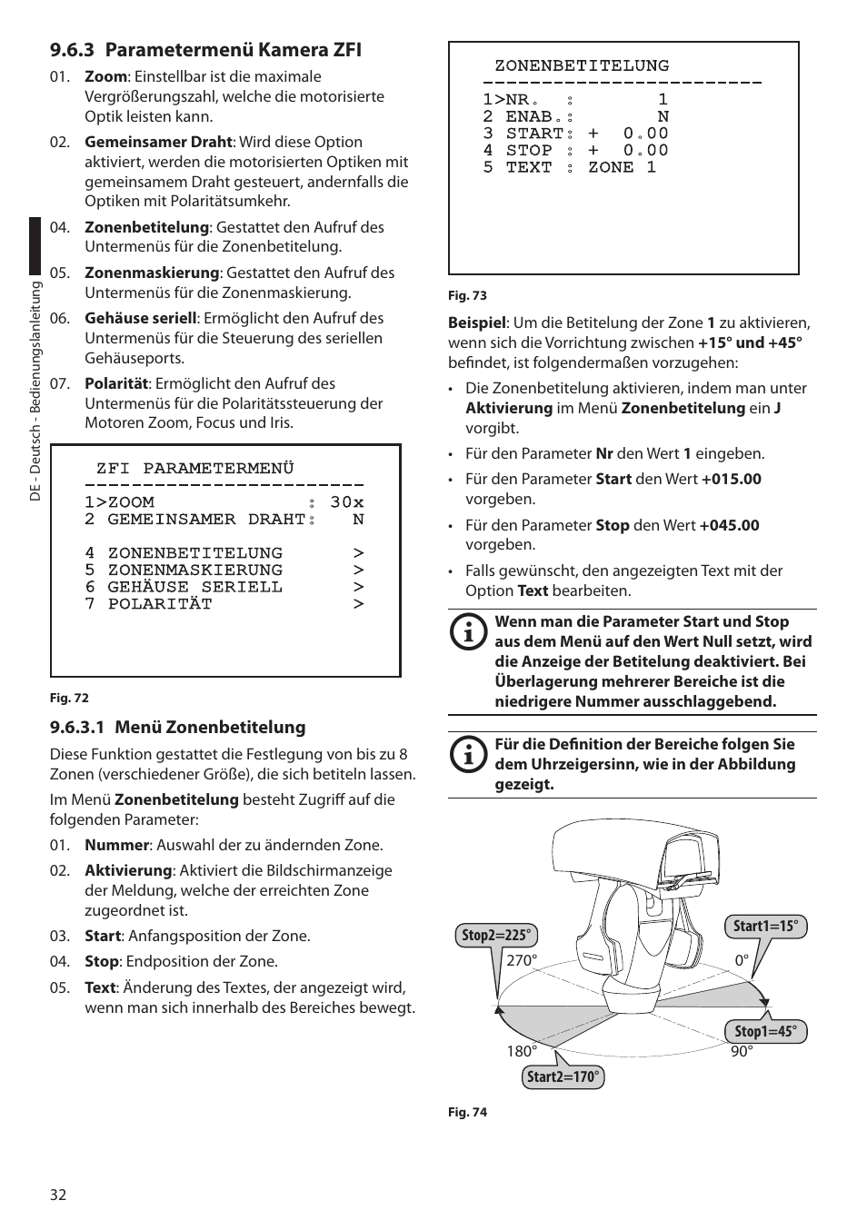 3 parametermenü kamera zfi, 1 menü zonenbetitelung | Videotec ULISSE MAXI User Manual | Page 214 / 244