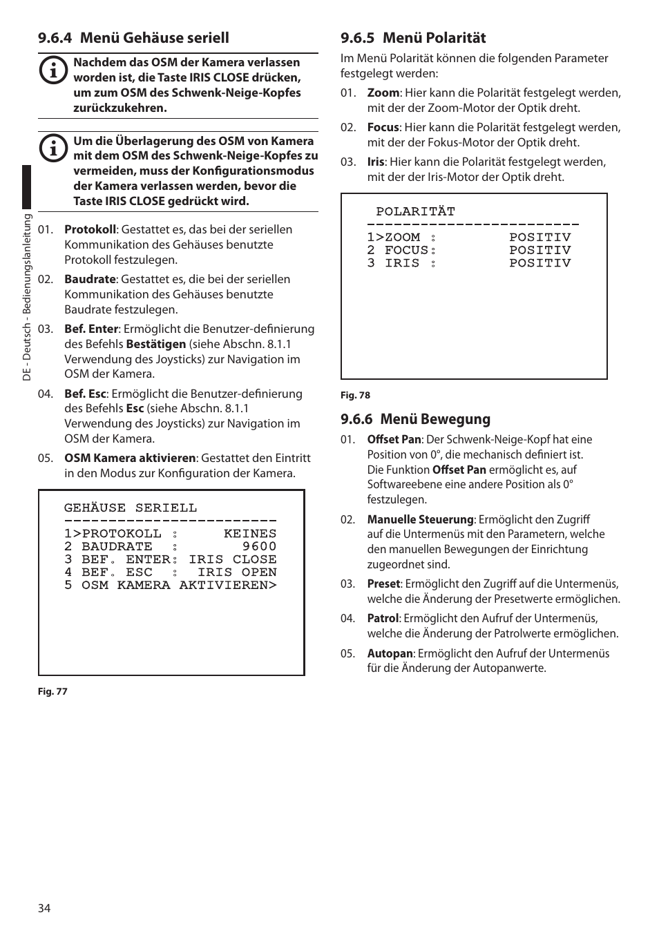 4 menü gehäuse seriell, 5 menü polarität, 6 menü bewegung | Videotec ULISSE MAXI User Manual | Page 216 / 244