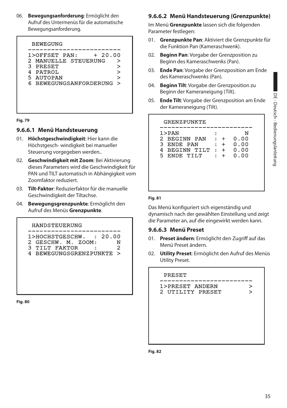 1 menü handsteuerung, 2 menü handsteuerung (grenzpunkte), 3 menü preset | Videotec ULISSE MAXI User Manual | Page 217 / 244