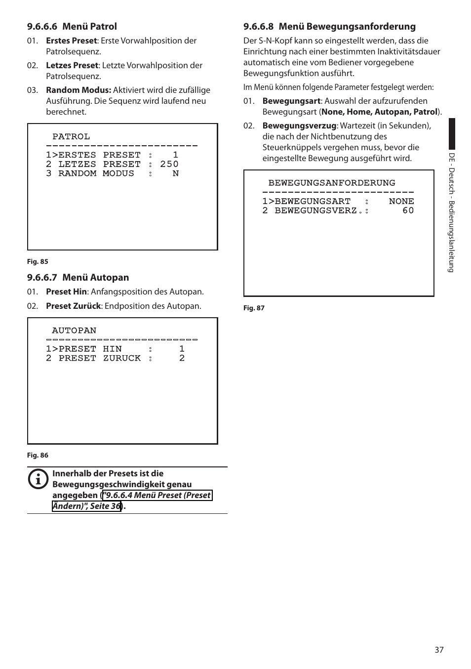 6 menü patrol, 7 menü autopan, 8 menü bewegungsanforderung | Videotec ULISSE MAXI User Manual | Page 219 / 244
