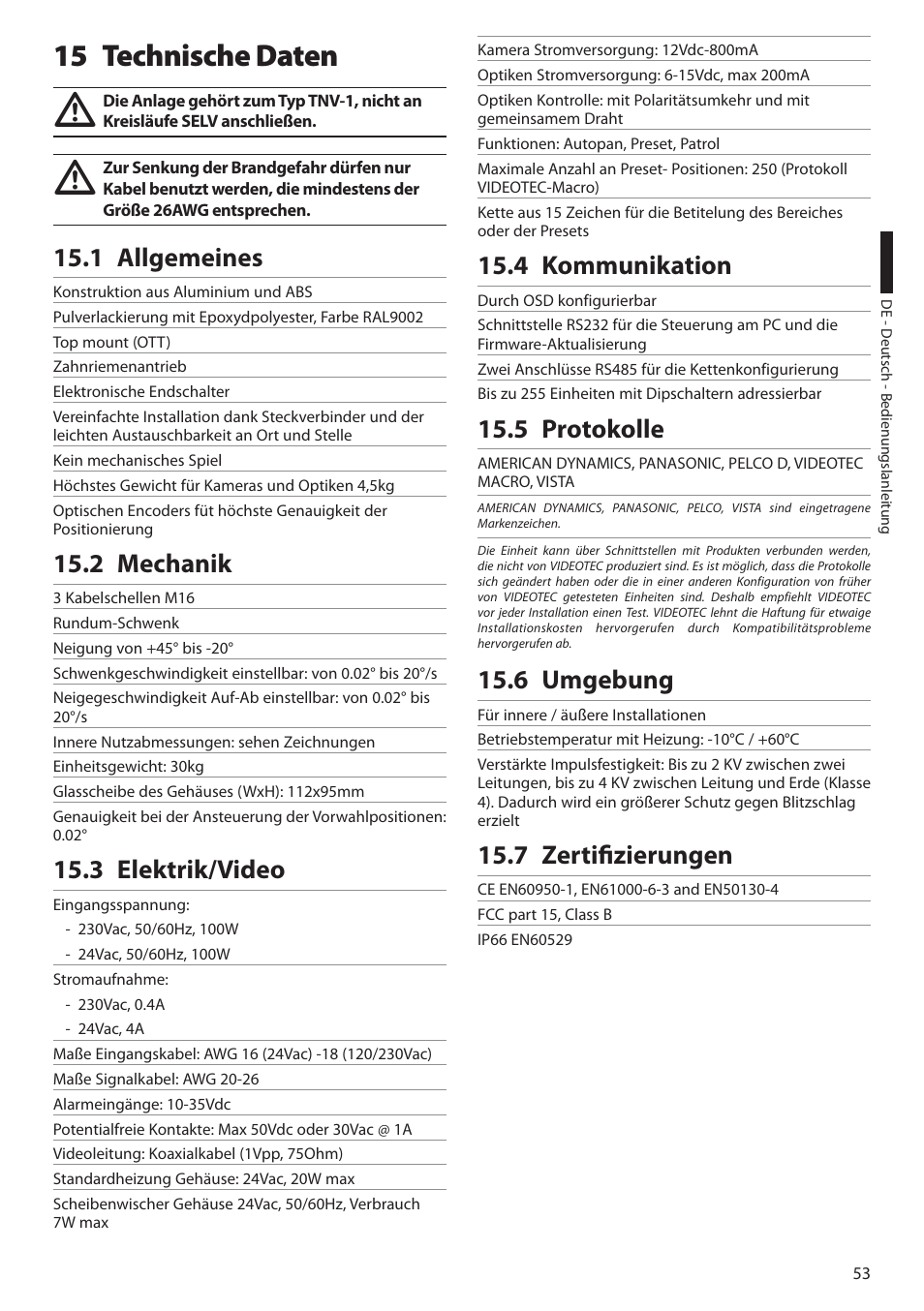 15 technische daten, 1 allgemeines, 2 mechanik | 3 elektrik/video, 4 kommunikation, 5 protokolle, 6 umgebung, 7 zertifizierungen | Videotec ULISSE MAXI User Manual | Page 235 / 244