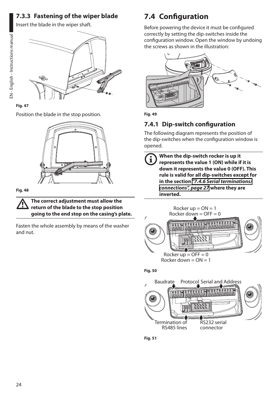 3 fastening of the wiper blade, 4 configuration, 1 dip-switch configuration | Videotec ULISSE MAXI User Manual | Page 26 / 244