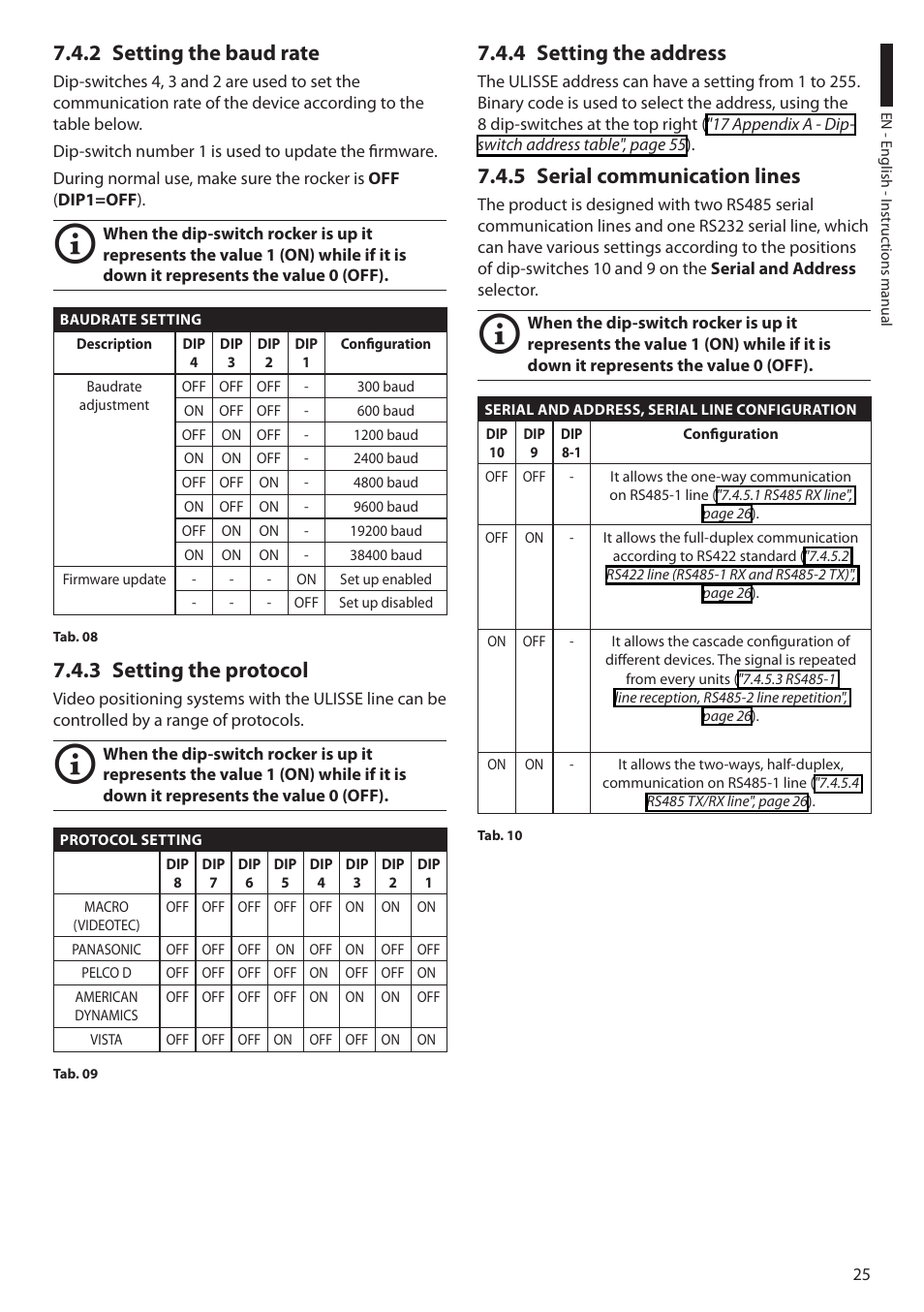 2 setting the baud rate, 3 setting the protocol, 4 setting the address | 5 serial communication lines | Videotec ULISSE MAXI User Manual | Page 27 / 244