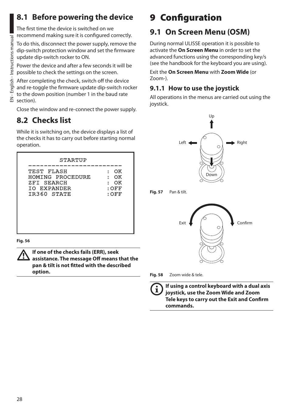 1 before powering the device, 2 checks list, 9 configuration | 1 on screen menu (osm), 1 how to use the joystick, 1 before powering the device 8.2 checks list | Videotec ULISSE MAXI User Manual | Page 30 / 244