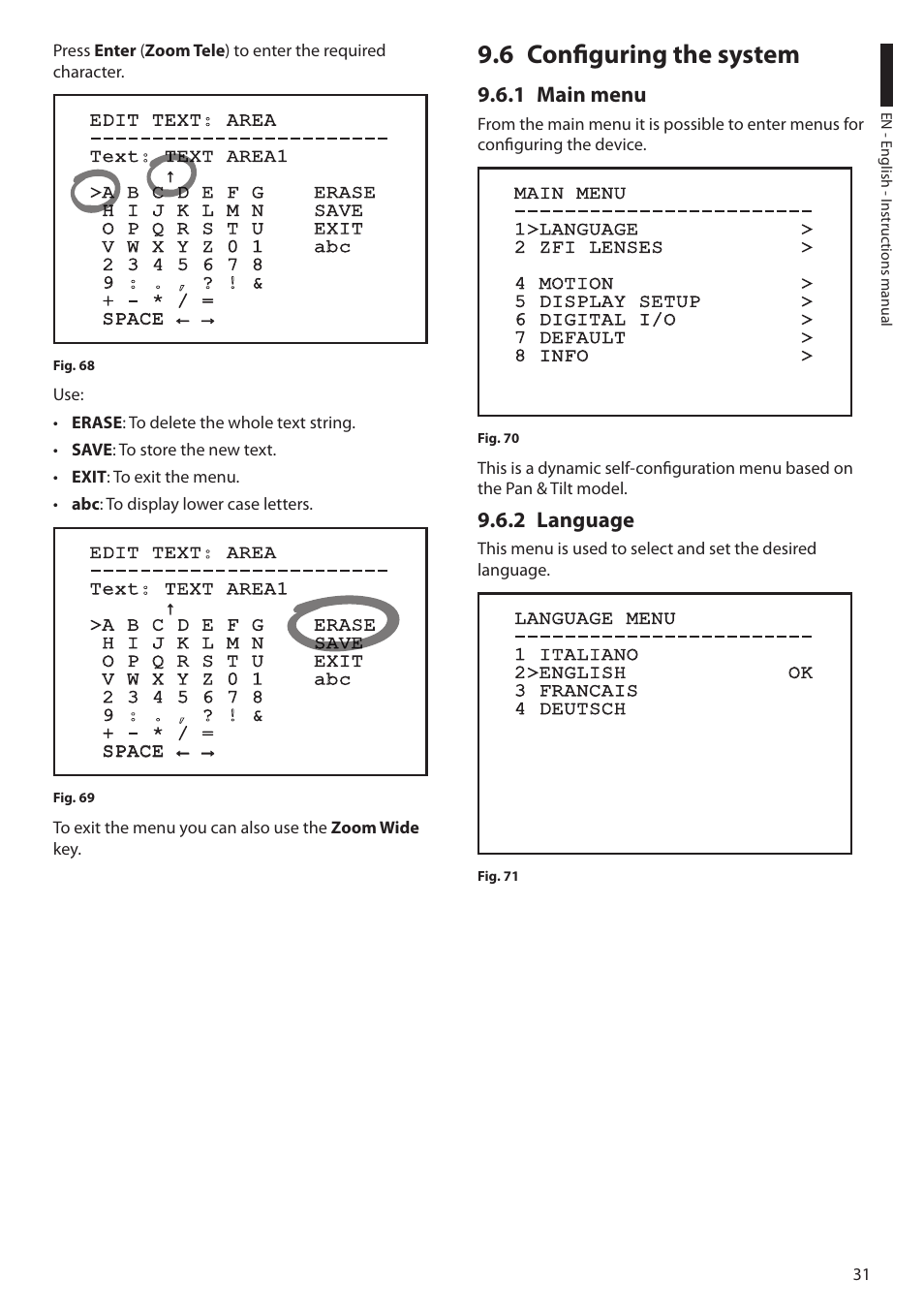 6 configuring the system, 1 main menu, 2 language | 1 main menu 9.6.2 language | Videotec ULISSE MAXI User Manual | Page 33 / 244