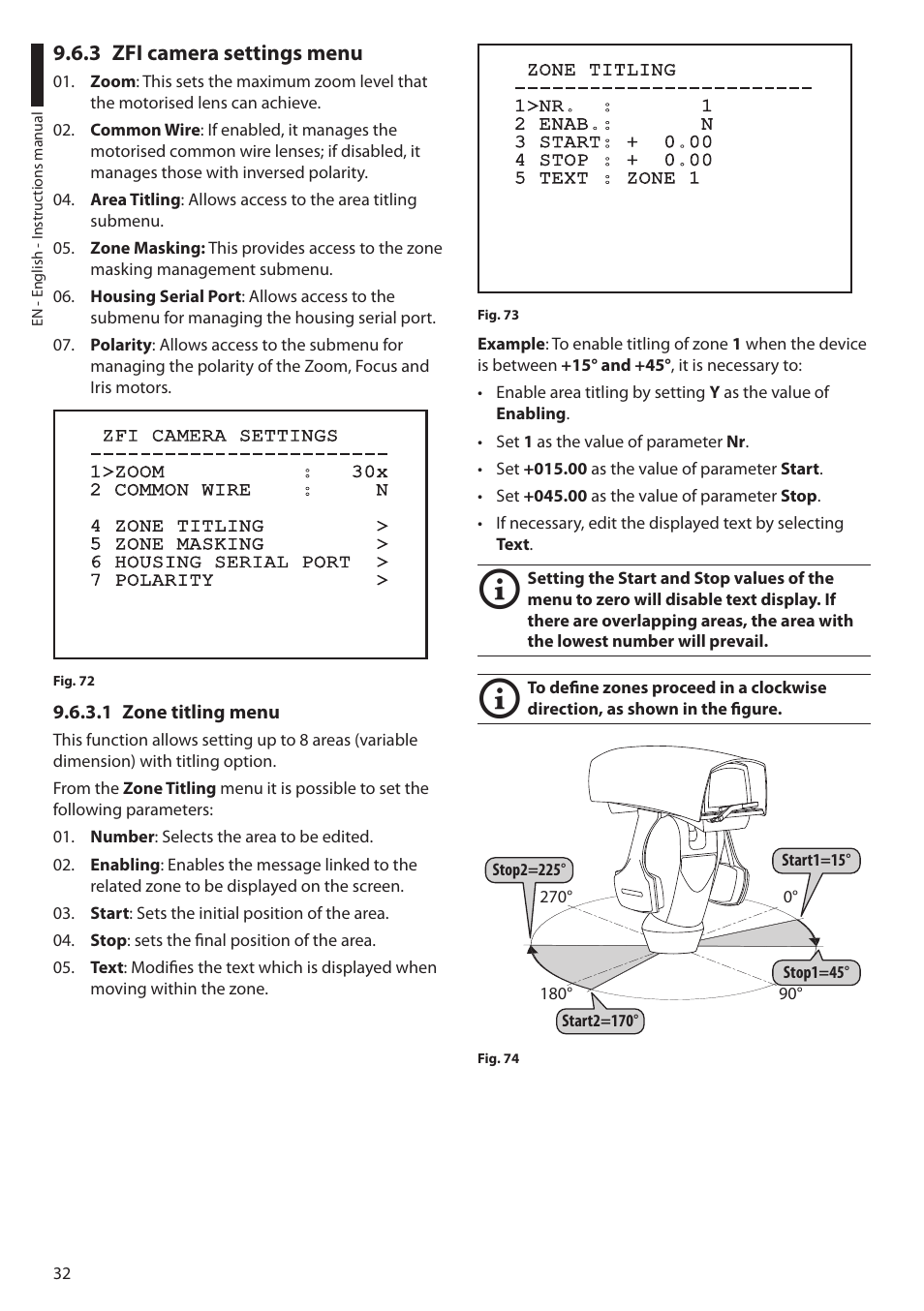 3 zfi camera settings menu, 1 zone titling menu | Videotec ULISSE MAXI User Manual | Page 34 / 244