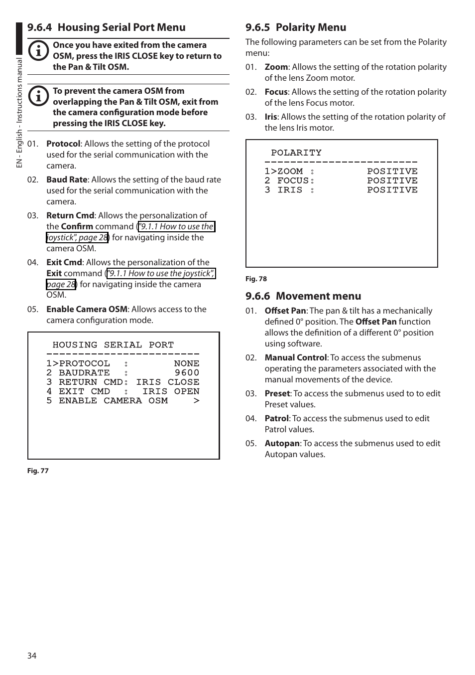 4 housing serial port menu, 5 polarity menu, 6 movement menu | Videotec ULISSE MAXI User Manual | Page 36 / 244