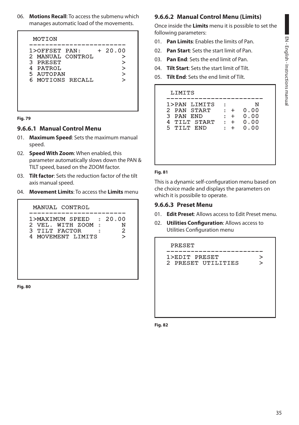 1 manual control menu, 2 manual control menu (limits), 3 preset menu | Videotec ULISSE MAXI User Manual | Page 37 / 244