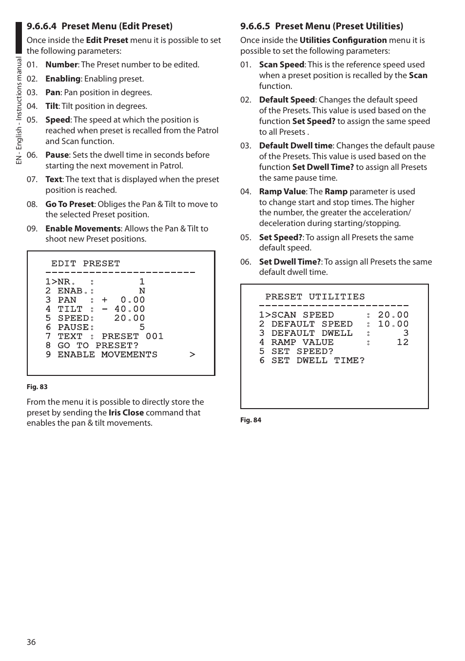 4 preset menu (edit preset), 5 preset menu (preset utilities) | Videotec ULISSE MAXI User Manual | Page 38 / 244