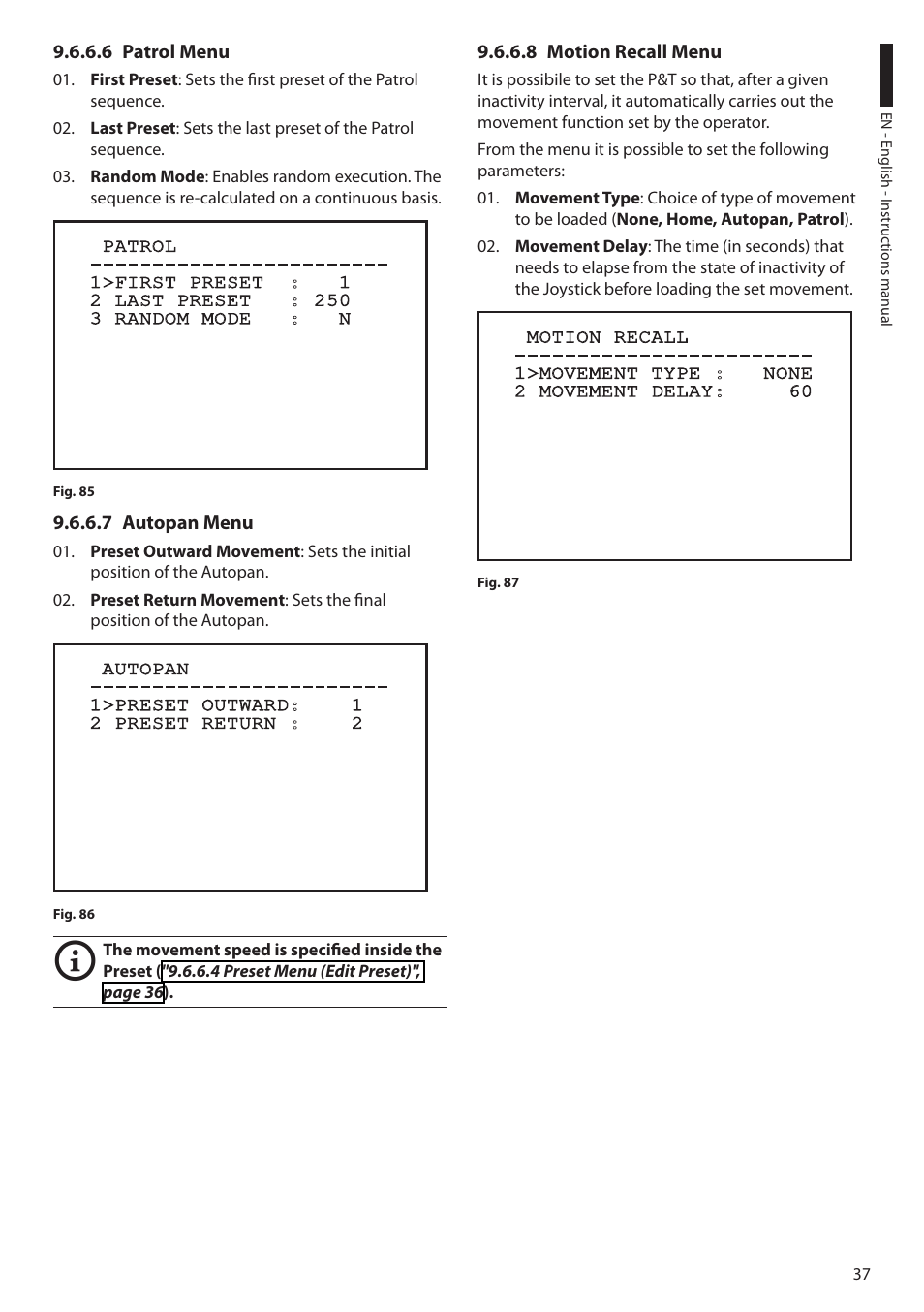 6 patrol menu, 7 autopan menu, 8 motion recall menu | Videotec ULISSE MAXI User Manual | Page 39 / 244