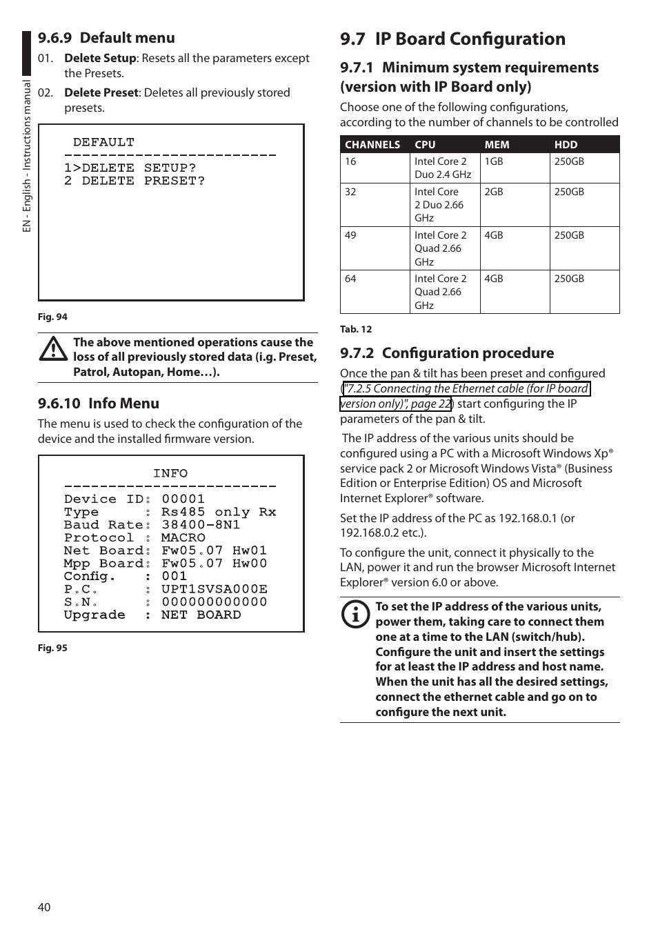 9 default menu, 10 info menu, 7 ip board configuration | 2 configuration procedure, 9 default menu 9.6.10 info menu | Videotec ULISSE MAXI User Manual | Page 42 / 244