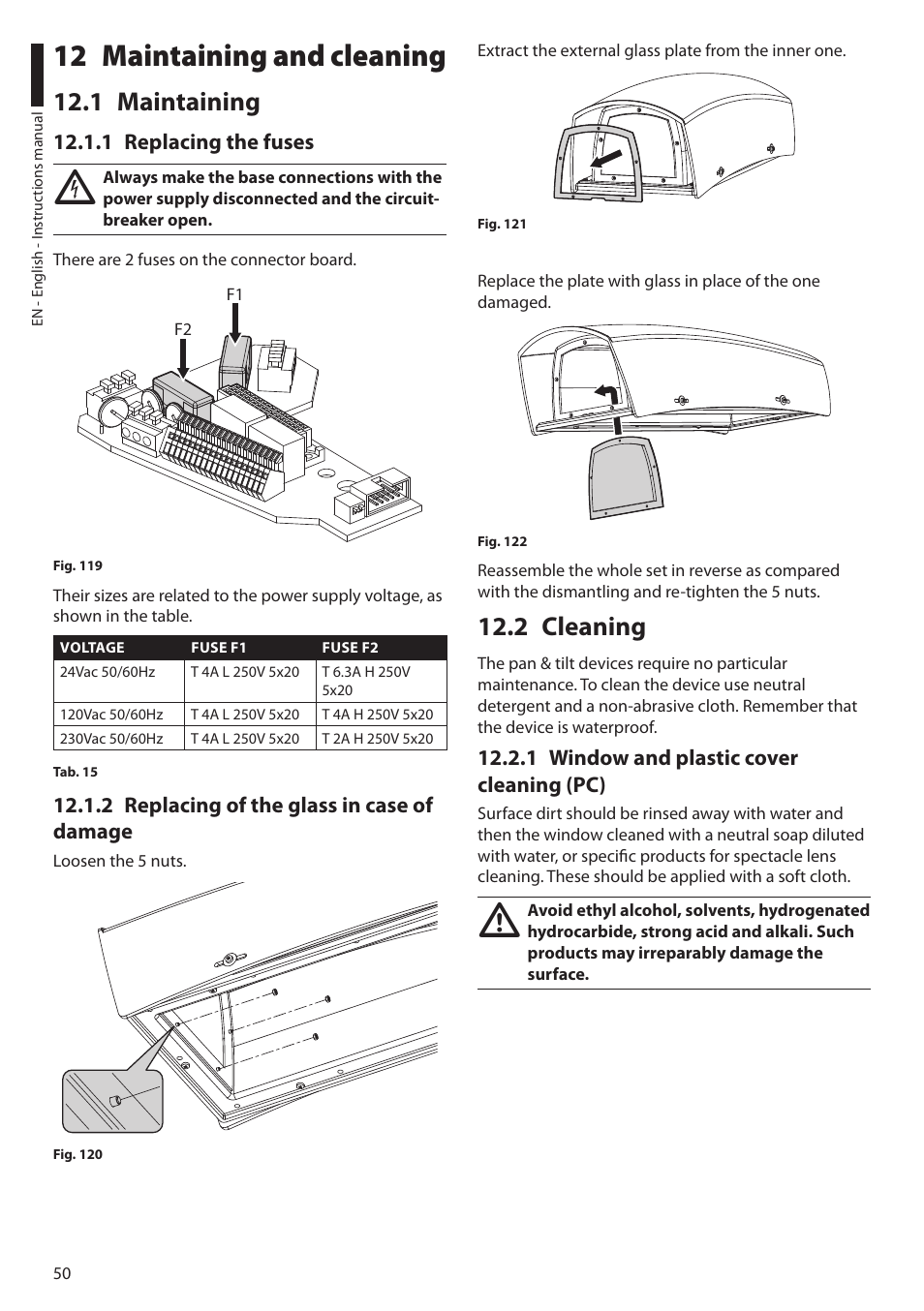 12 maintaining and cleaning, 1 maintaining, 1 replacing the fuses | 2 replacing of the glass in case of damage, 2 cleaning, 1 window and plastic cover cleaning (pc) | Videotec ULISSE MAXI User Manual | Page 52 / 244