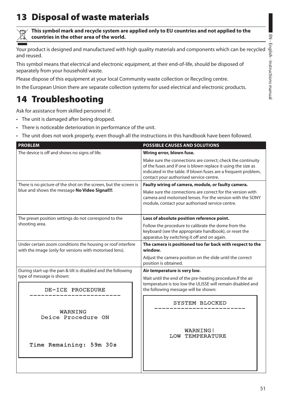13 disposal of waste materials, 14 troubleshooting, 13 disposal of waste materials 14 troubleshooting | Videotec ULISSE MAXI User Manual | Page 53 / 244