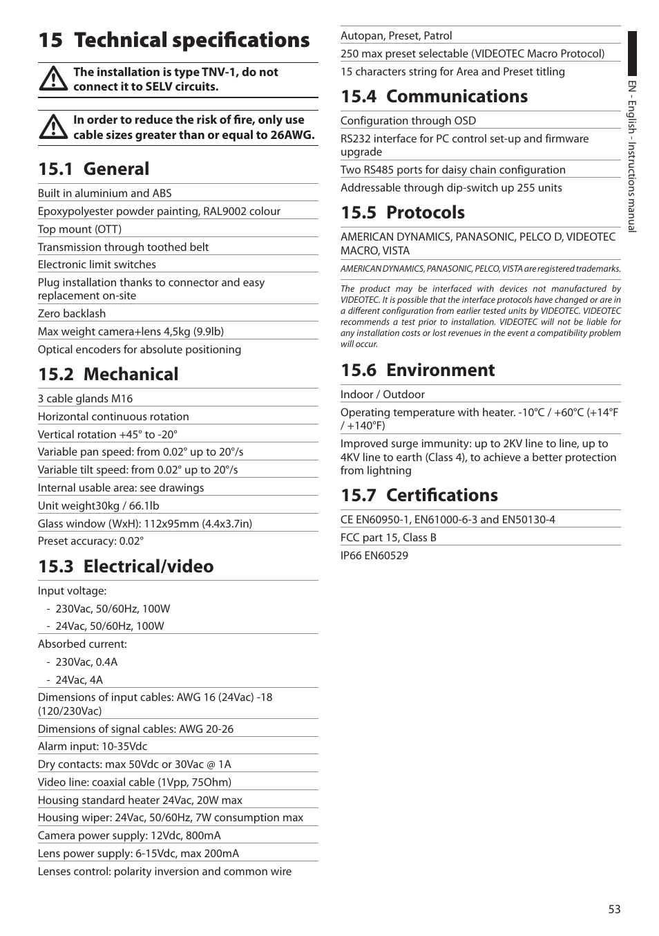 15 technical specifications, 1 general, 2 mechanical | 3 electrical/video, 4 communications, 5 protocols, 6 environment, 7 certifications | Videotec ULISSE MAXI User Manual | Page 55 / 244