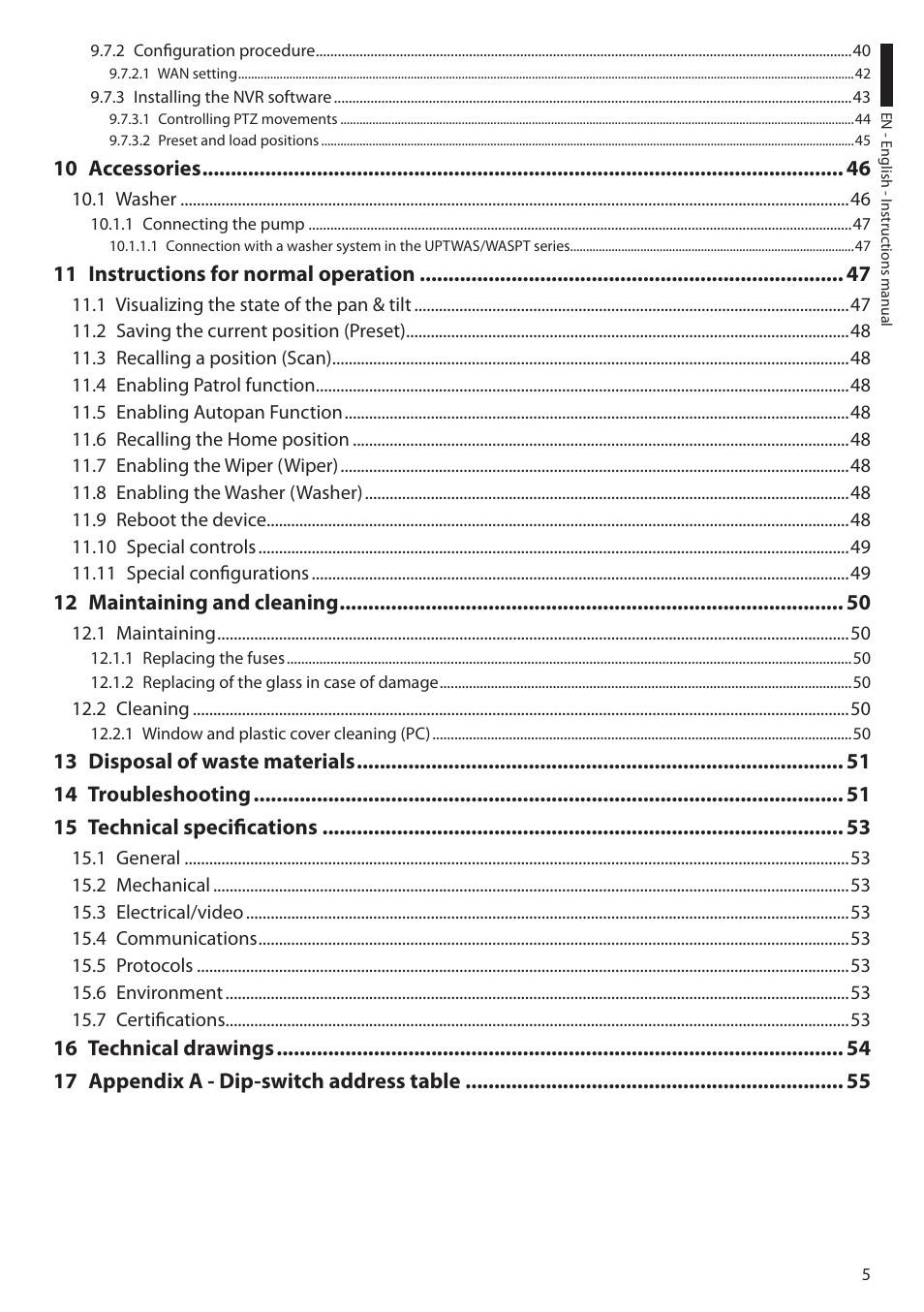 10 accessories, 11 instructions for normal operation, 12 maintaining and cleaning | Videotec ULISSE MAXI User Manual | Page 7 / 244