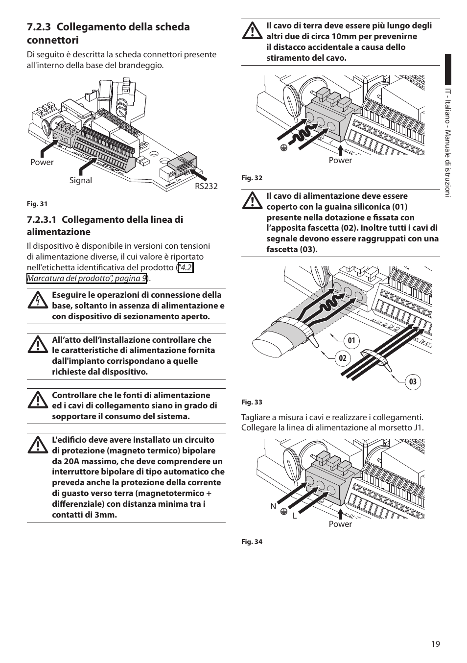 3 collegamento della scheda connettori, 1 collegamento della linea di alimentazione | Videotec ULISSE MAXI User Manual | Page 81 / 244