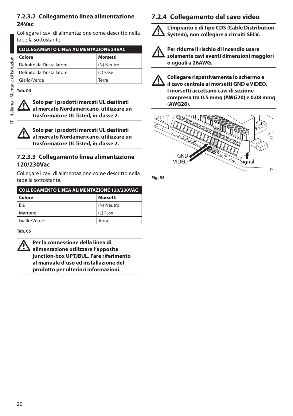 2 collegamento linea alimentazione 24vac, 3 collegamento linea alimentazione 120/230vac, 4 collegamento del cavo video | Videotec ULISSE MAXI User Manual | Page 82 / 244