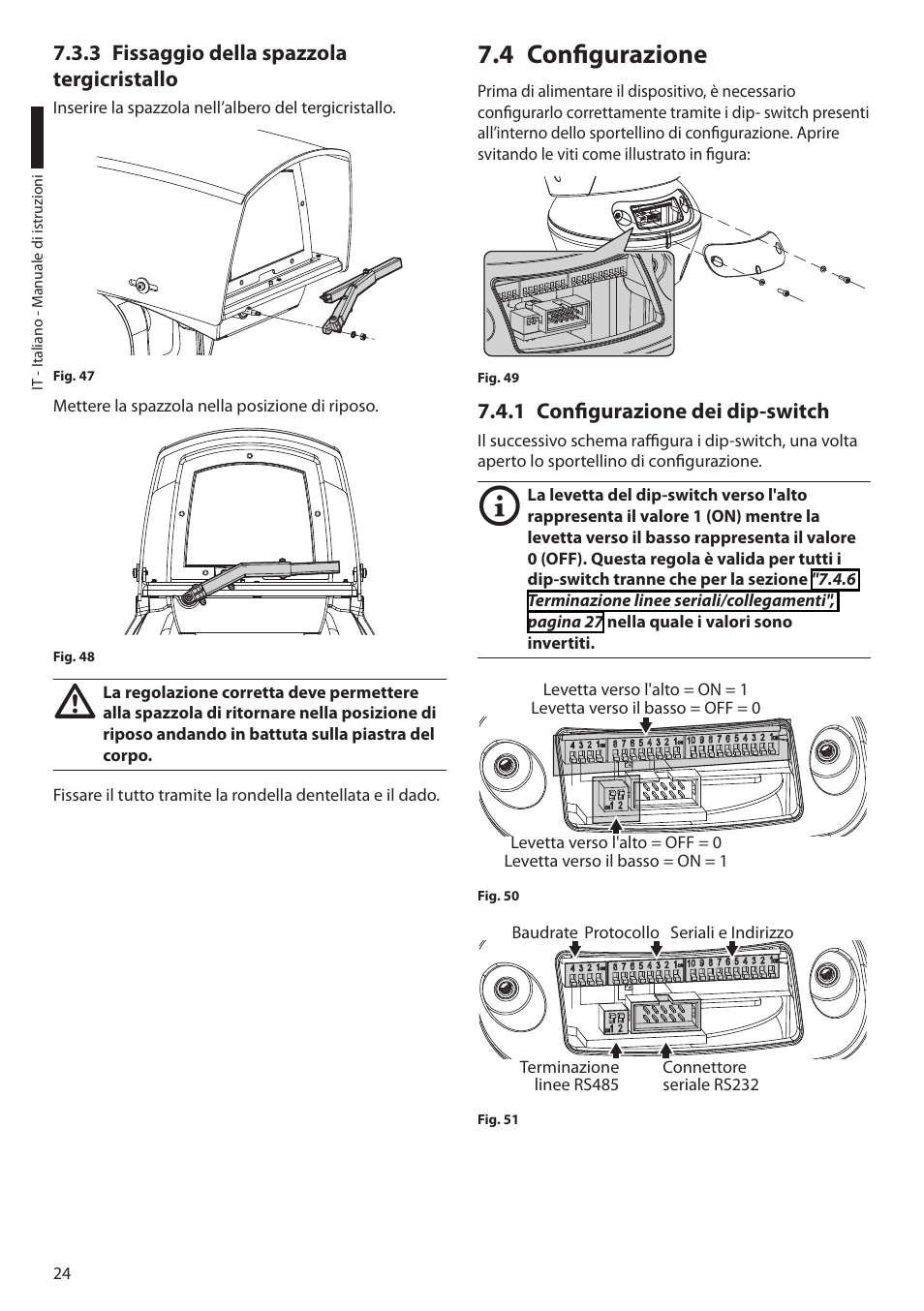 3 fissaggio della spazzola tergicristallo, 4 configurazione, 1 configurazione dei dip-switch | Videotec ULISSE MAXI User Manual | Page 86 / 244