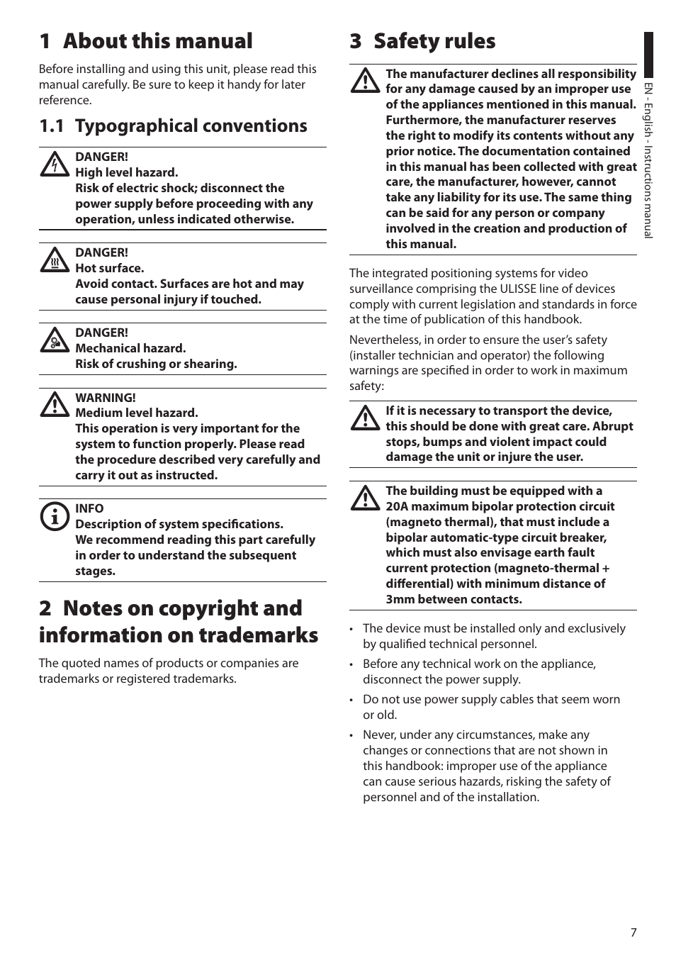 1 about this manual, 1 typographical conventions, 2 notes on copyright and information on trademarks | 3 safety rules | Videotec ULISSE MAXI User Manual | Page 9 / 244