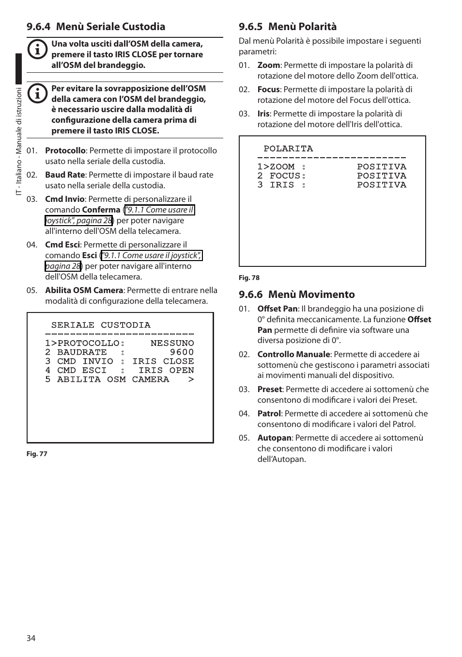 4 menù seriale custodia, 5 menù polarità, 6 menù movimento | Videotec ULISSE MAXI User Manual | Page 96 / 244