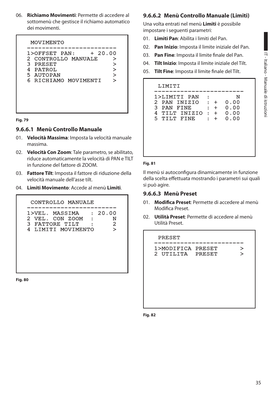 1 menù controllo manuale, 2 menù controllo manuale (limiti), 3 menù preset | Videotec ULISSE MAXI User Manual | Page 97 / 244