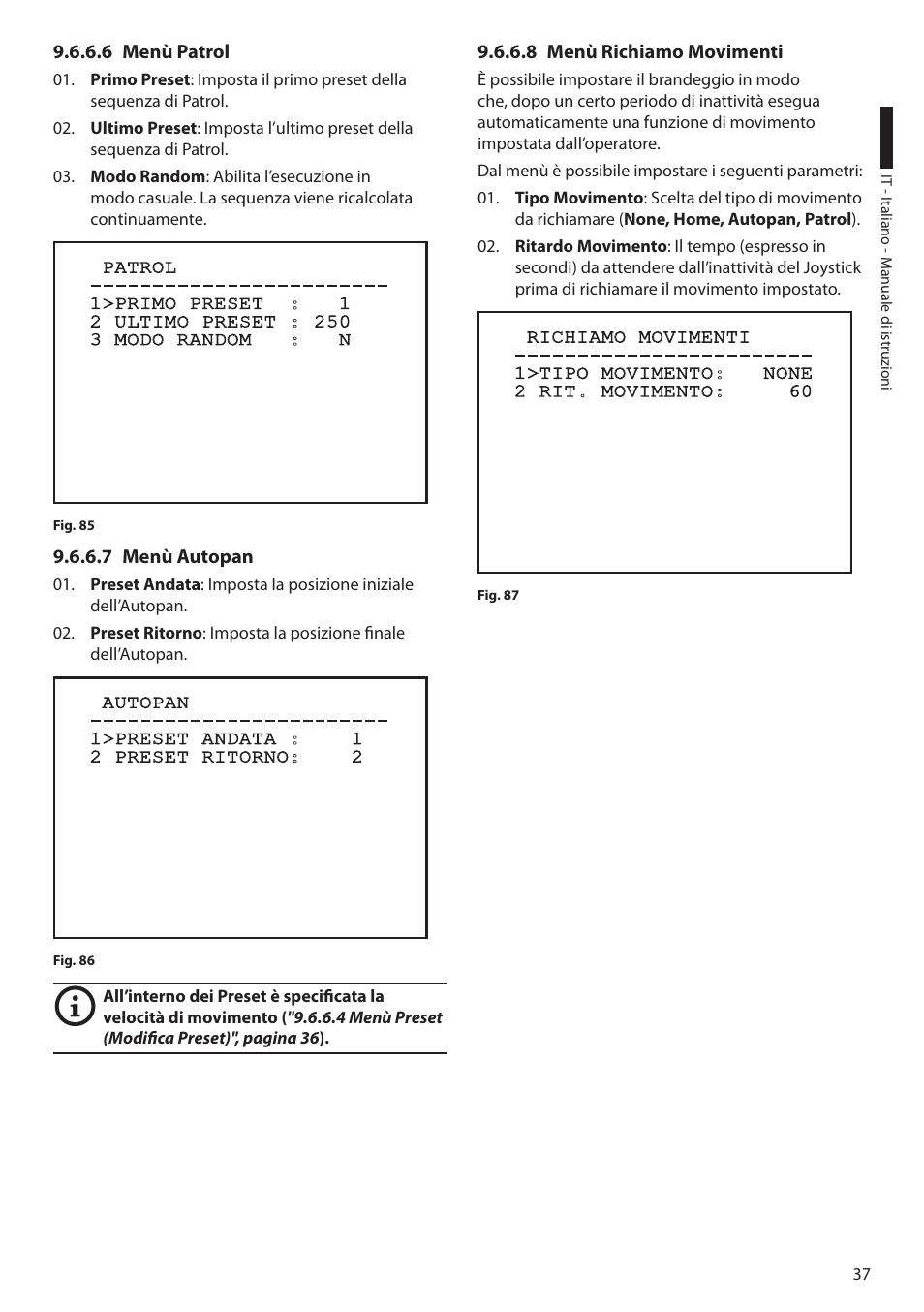 6 menù patrol, 7 menù autopan, 8 menù richiamo movimenti | Videotec ULISSE MAXI User Manual | Page 99 / 244
