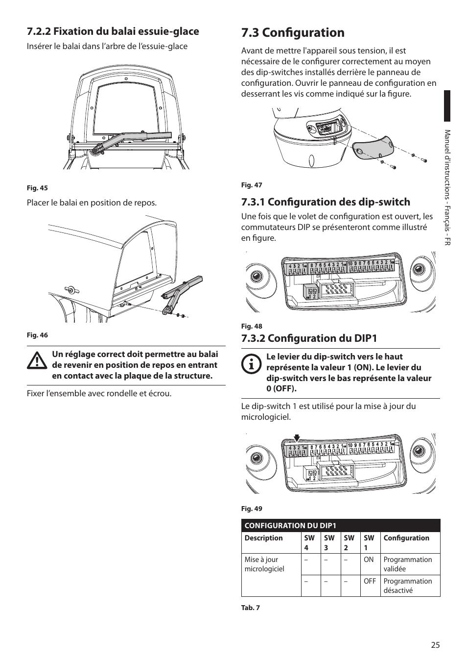 2 fixation du balai essuie-glace, 3 configuration, 1 configuration des dip-switch | 2 configuration du dip1 | Videotec ULISSE MAXI NETCAM User Manual | Page 115 / 180