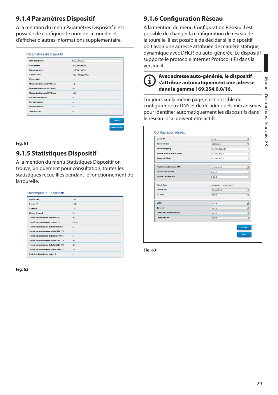4 paramètres dispositif, 5 statistiques dispositif, 6 configuration réseau | Videotec ULISSE MAXI NETCAM User Manual | Page 119 / 180