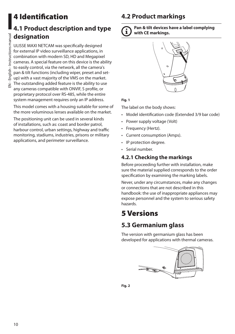 4 identification, 1 product description and type designation, 2 product markings | 1 checking the markings, 5 versions, 3 germanium glass | Videotec ULISSE MAXI NETCAM User Manual | Page 12 / 180