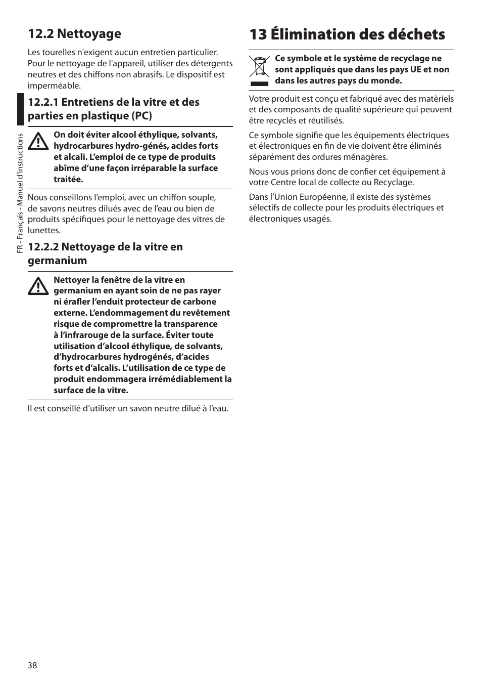 2 nettoyage, 2 nettoyage de la vitre en germanium, 13 élimination des déchets | Videotec ULISSE MAXI NETCAM User Manual | Page 128 / 180