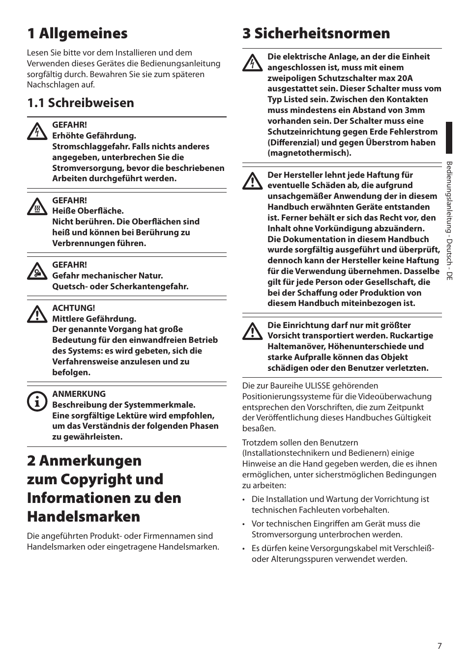 1 allgemeines, 1 schreibweisen, 3 sicherheitsnormen | Videotec ULISSE MAXI NETCAM User Manual | Page 141 / 180