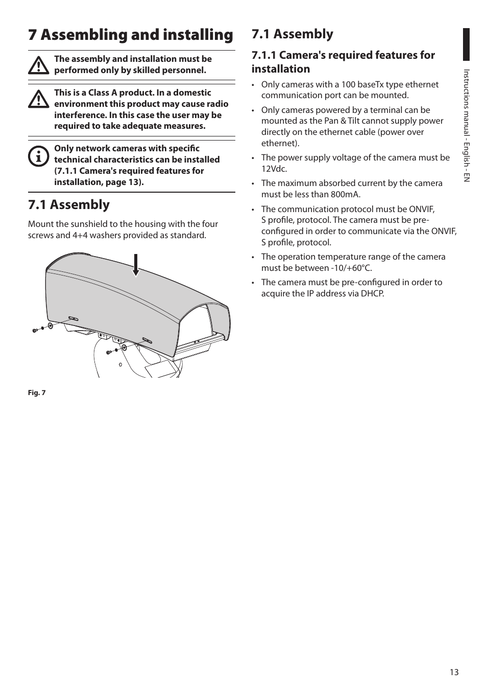 7 assembling and installing, 1 assembly, 1 camera's required features for installation | 1 assembly 7.1 assembly | Videotec ULISSE MAXI NETCAM User Manual | Page 15 / 180