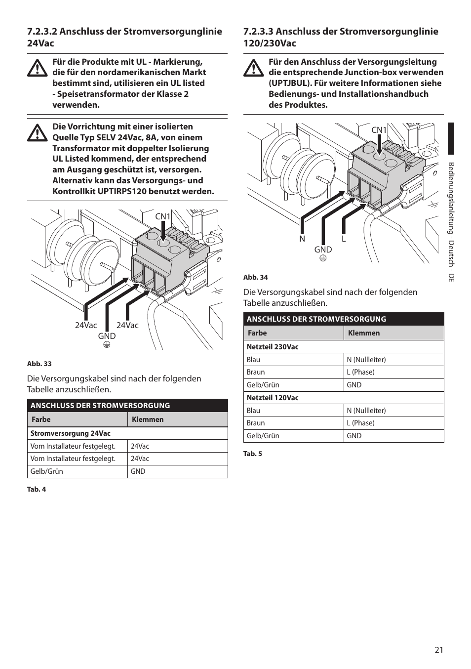 2 anschluss der stromversorgunglinie 24vac, 3 anschluss der stromversorgunglinie 120/230vac | Videotec ULISSE MAXI NETCAM User Manual | Page 155 / 180