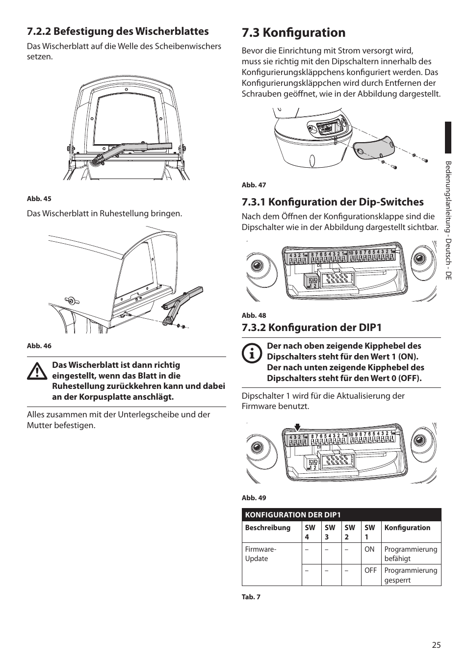 2 befestigung des wischerblattes, 3 konfiguration, 1 konfiguration der dip-switches | 2 konfiguration der dip1 | Videotec ULISSE MAXI NETCAM User Manual | Page 159 / 180