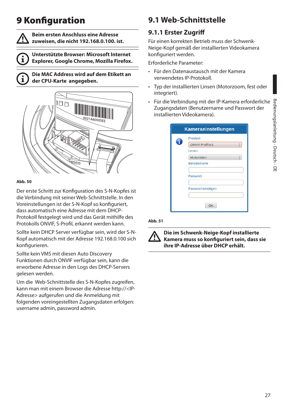 9 konfiguration, 1 web-schnittstelle, 1 erster zugriff | Videotec ULISSE MAXI NETCAM User Manual | Page 161 / 180
